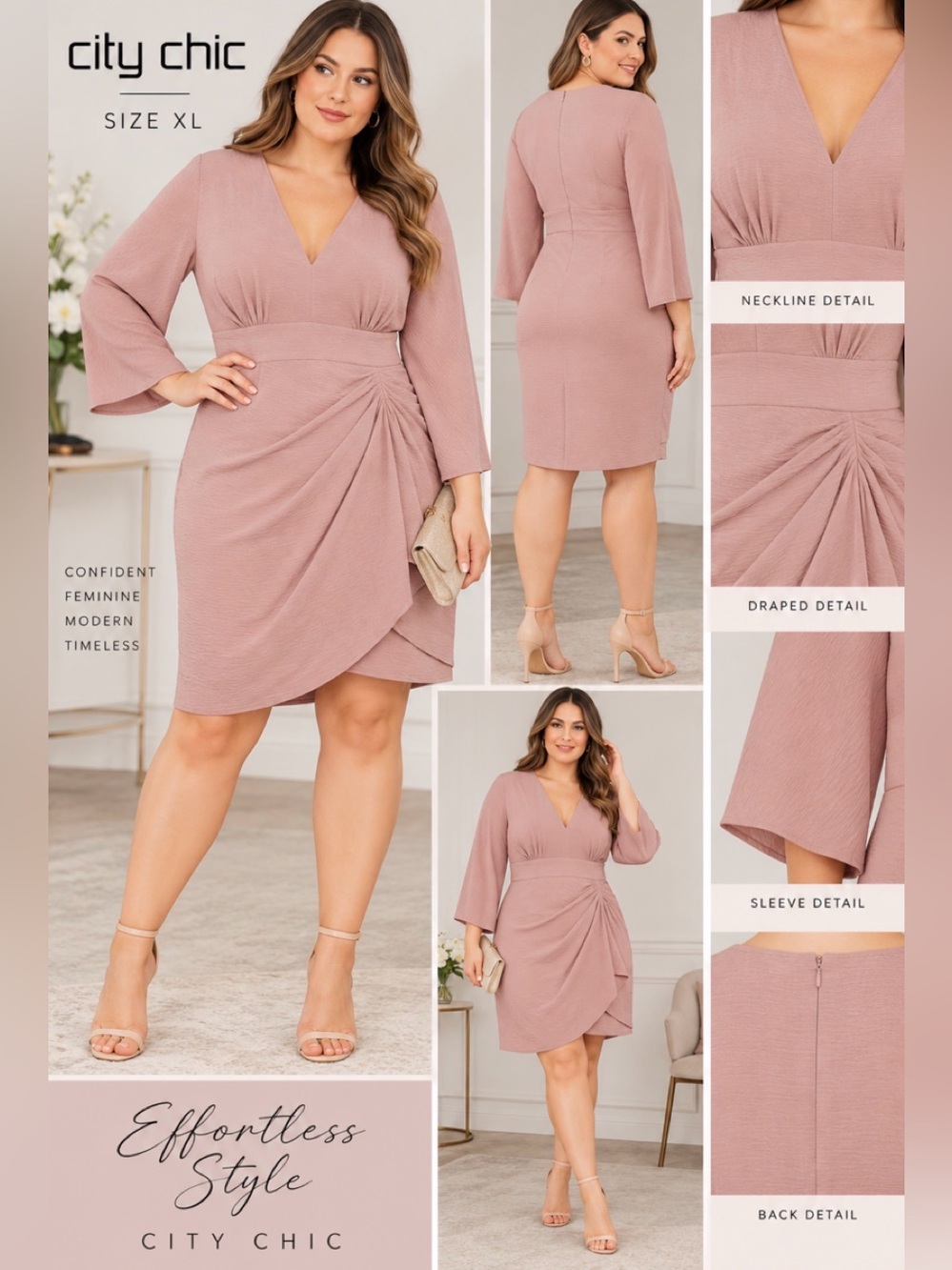 City Chic Mauve Draped V-Neck Plus Size Midi Dress